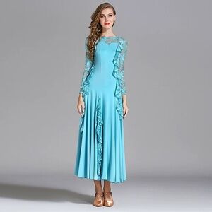 Elegant Blue Lace Long Sleeve Dress
